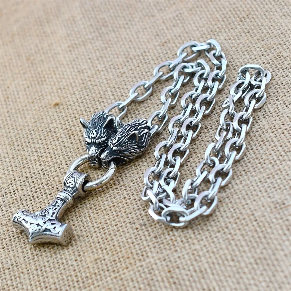 Nordic Celtic Wolf Head Chain Necklace Stainless Steel Viking Thor's Hammer Amulet Pendant Necklace Viking Jewelry