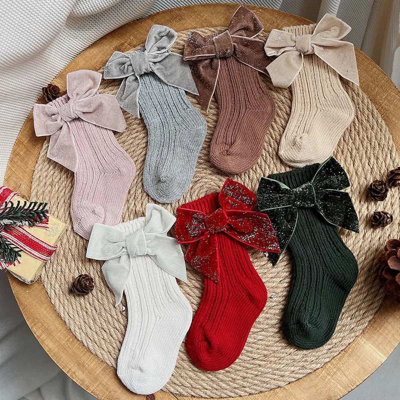 

Newborn Baby Girls Socks Fall Winter Toddlers Short Socks with Bowknot, Soft Warm Knitted Socks for Infant Girls, 0-12 Months