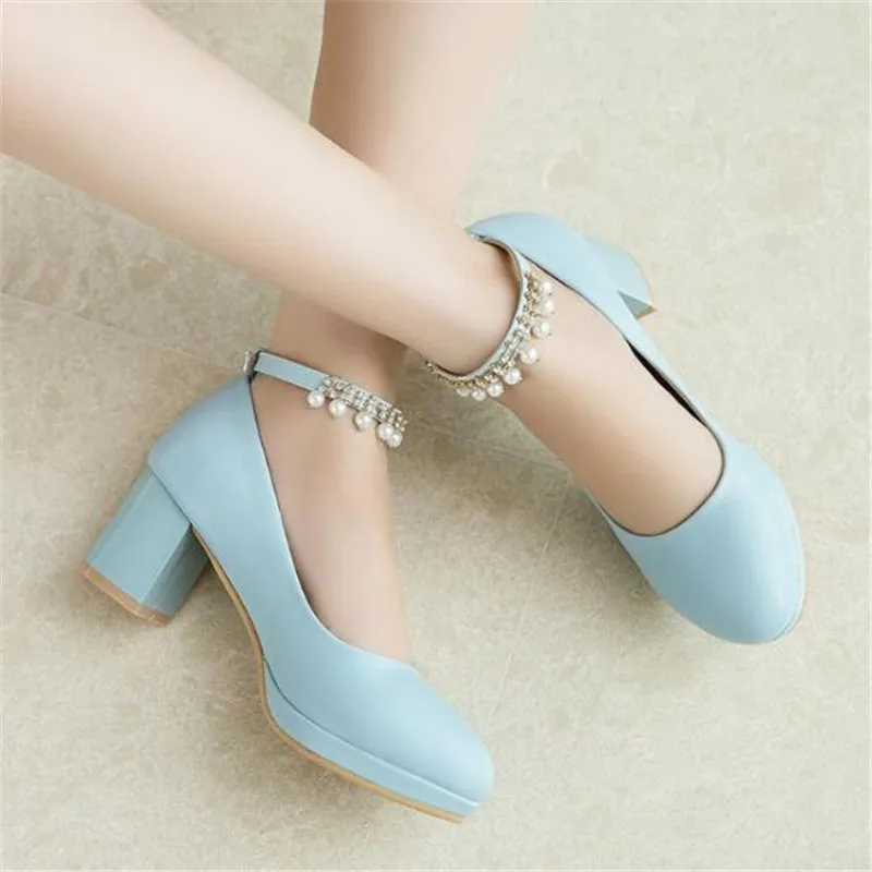Women Children Platform High Heels Mary Jane Shoes Crystal Buckle Ladies Party Shoes Thick Heel Female Shoes Black Size 32- 43