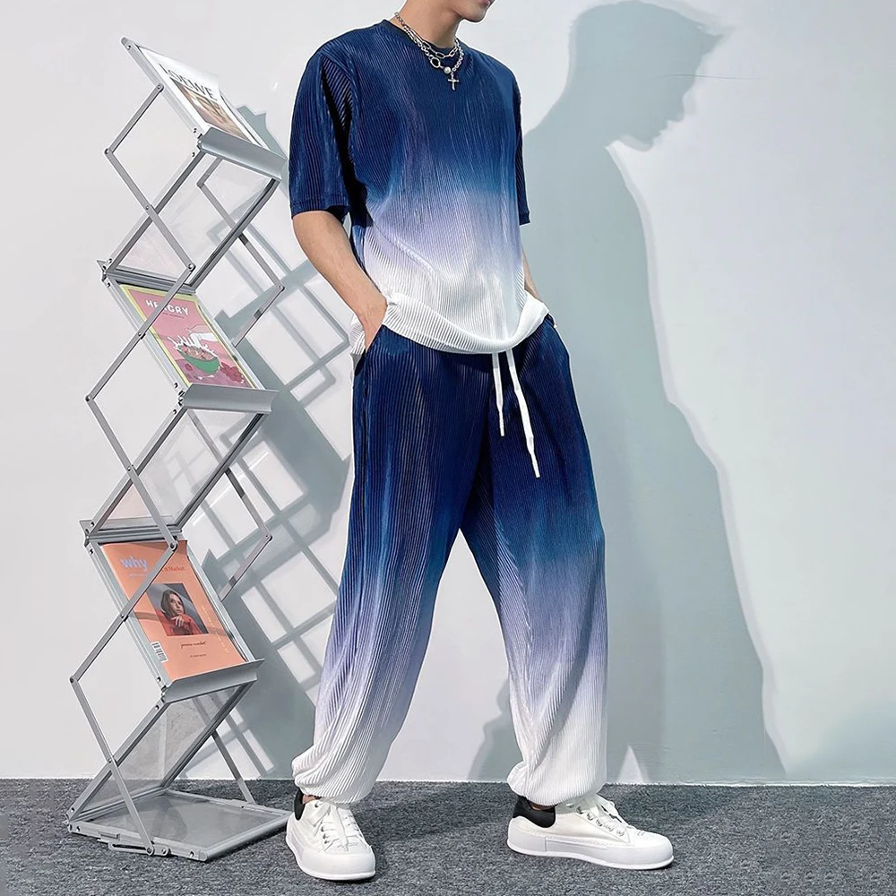 Gradient Baggy Wide Leg Pant Tshirts Set Men Y2k Trousers Summer High Waist Long Pleated Pants Short Sleeve Tees Two Piece Suit 2pcs set summer men s suit elastic waistband pleated casual outfit men business short sleeve shirts long pants set male clothing