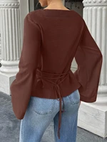 T-Shirt manches évasées pour femmes, couleur unie, col bateau, élégant, cravate au dos, coupe cintrée, hauts à manches longues, printemps/automne 2