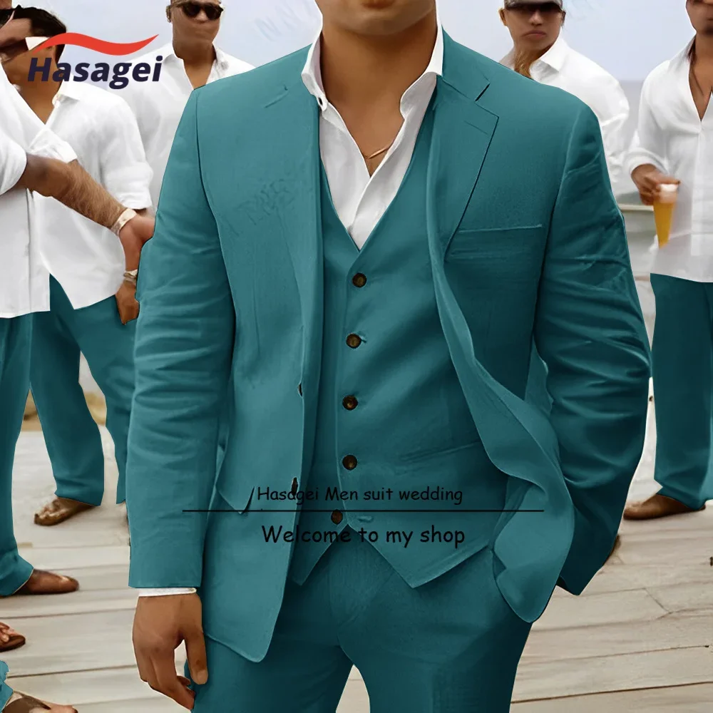 2023 Men's Suit Linen Material Jacket Pants Vest 3-piece Set Groom Wedding Tuxedo Breathable Slim Fit Formal Blazer