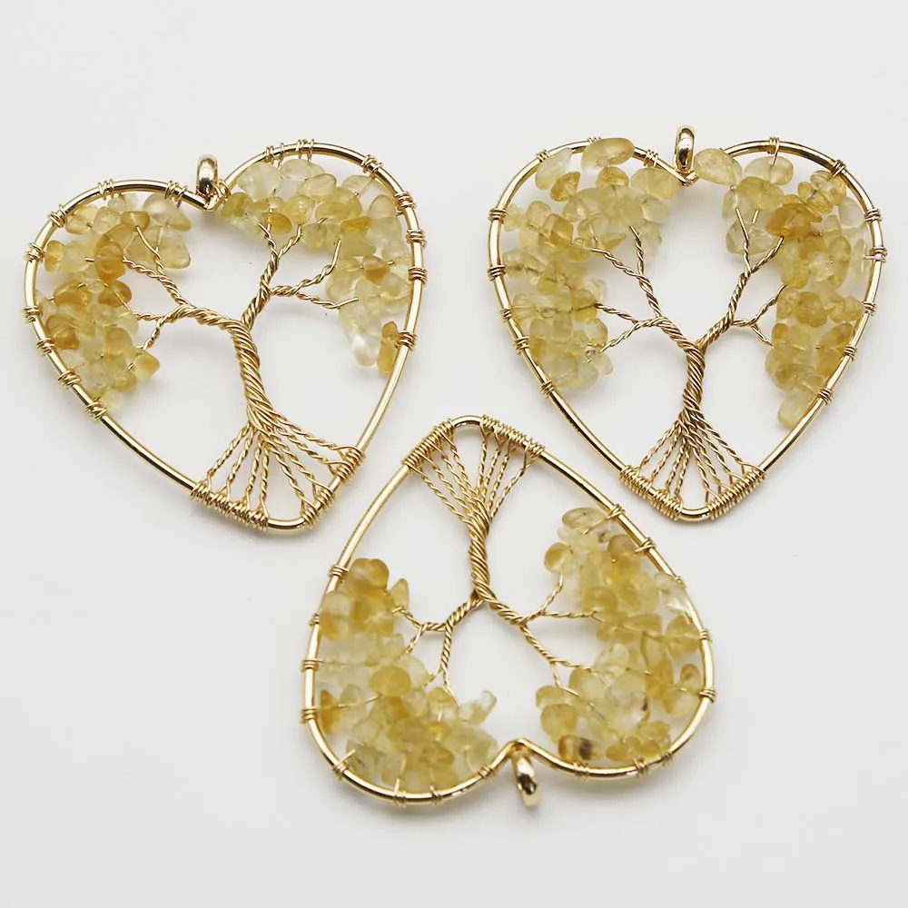 Natural Stone Topaz Life Tree Heart Pendants Women's Earrings Necklace Production Charm Reiki Jewelry Accessories Wholesale 6Pcs