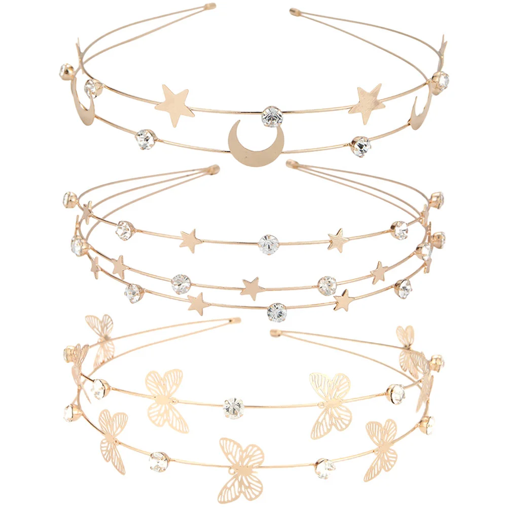 

3 Pcs Star Moon Headband Girl Headbands Bridal Rhinestone Hair Hoops Women Headdress Decor Accessory with Woman Bride Gold