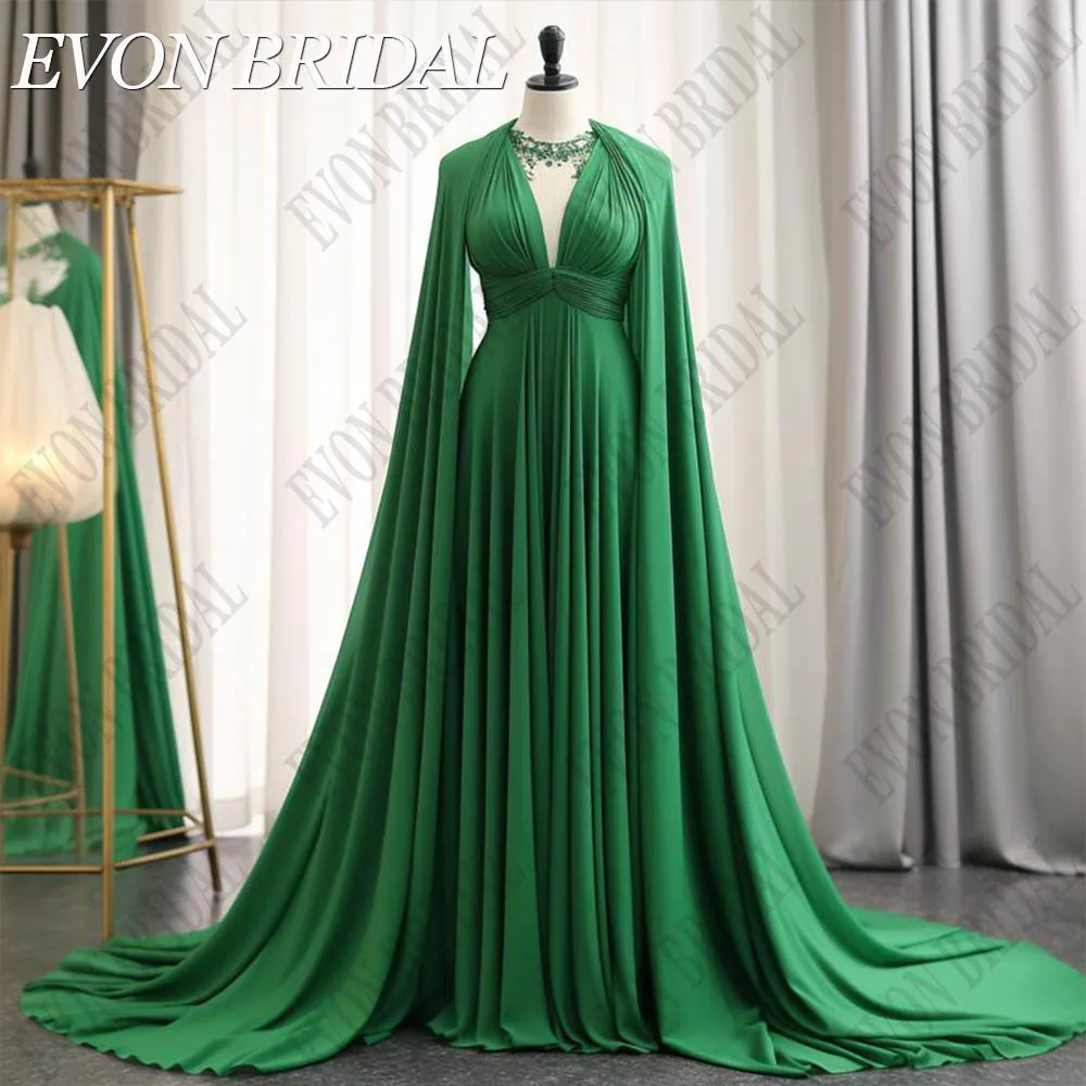 

EVON BRIDAL Saudi Arabia Green Chiffon Evening Dress With Cape Sleeves Beaded A Line Prom Formal Occasion Dresses فساتين السهرة