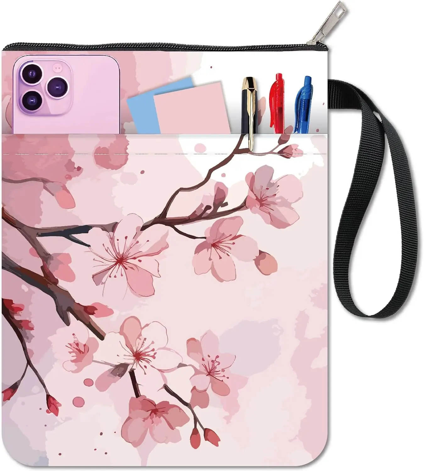 Cherry Blossom Floral Book Sleeve with Front Pocket - Washable Fabric Book Protector
