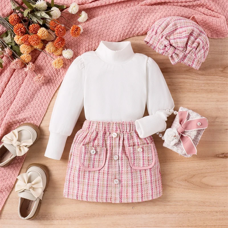 

4-7Y Autumn Kid Girl Clothes Sets 3Pcs Outfit Solid Ribbed Long Sleeve High Neck Tops Plaid Skirt Beret