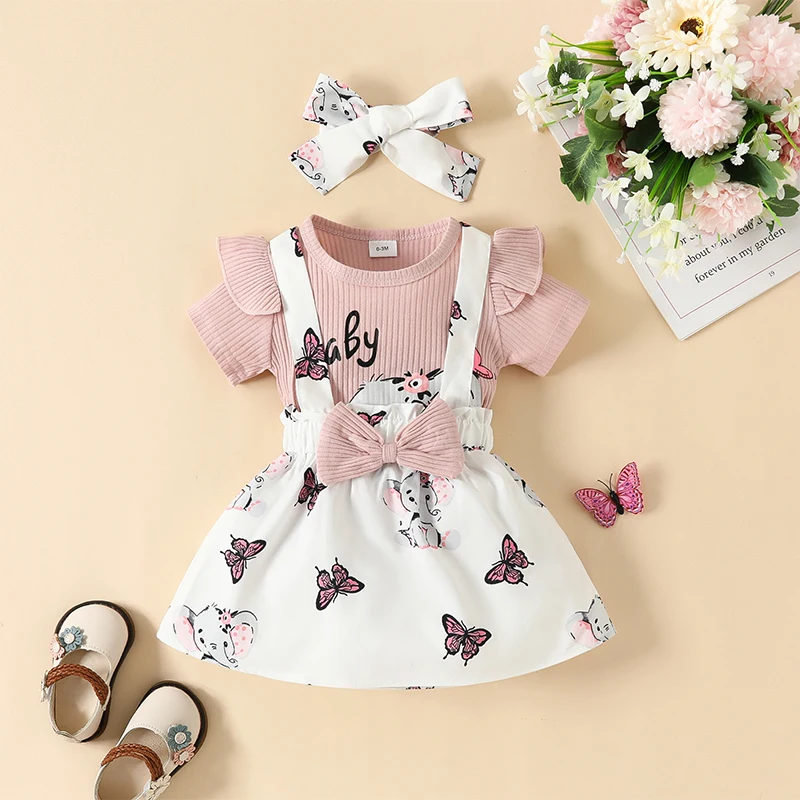 

Listenwind 0-2Y Baby Girl 2023 Summer Clothes Pink Short Sleeve Ribbed Romper Elephant Print Suspender Skirt with Headband