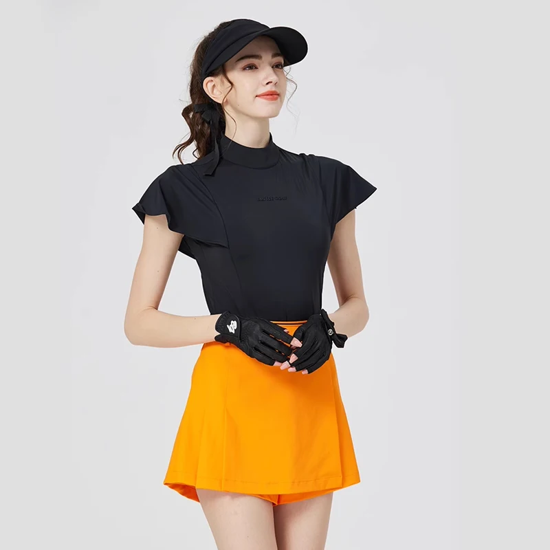 BLKTEE Golf fashion clothes for woman ruffle short sleeve half high neck t-shirt ladies slim casual top high-waist skirt gofset