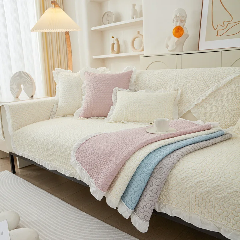 

Nordic Thicken Cotton Sectional Sofa Cover Korea Soft White Lace Quilted Sofa Towel Non-slip Couch Covers for Living Room