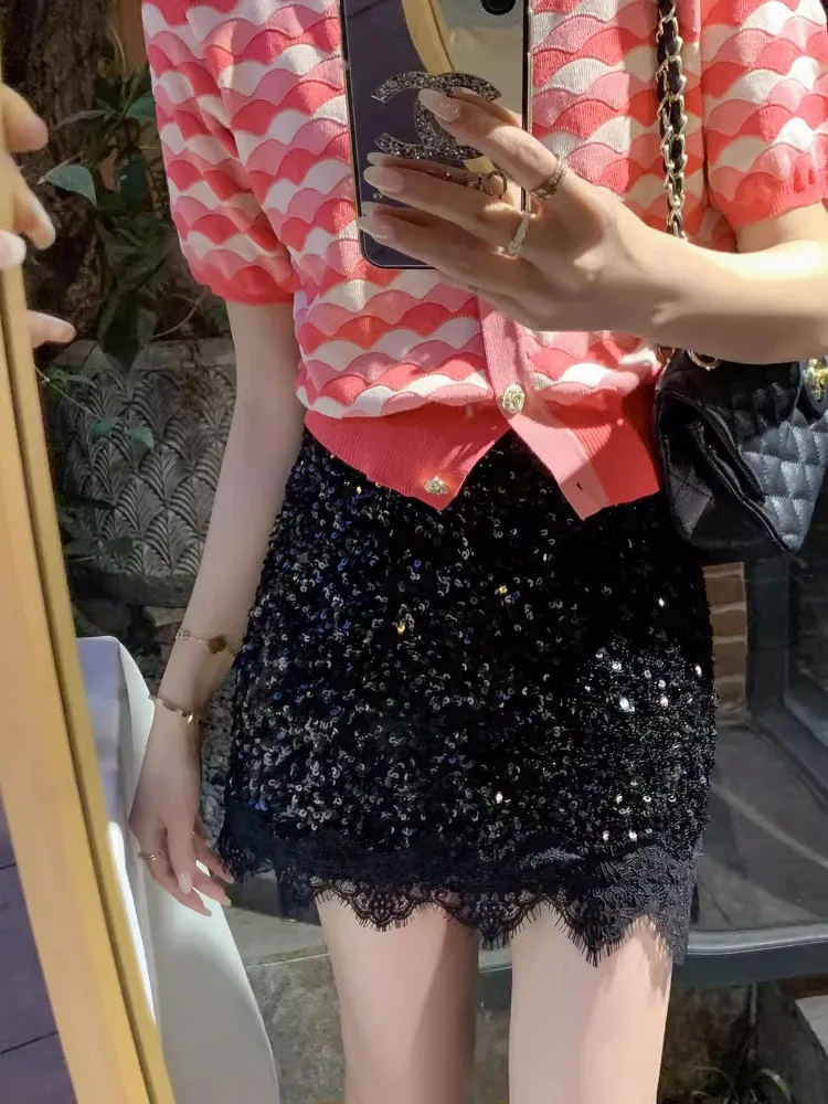 ADAgirl Sexy Silvery Sequin Mini Skirt Lace Patchwork Tight Hip Wrap Skirt for Women Summer Fashion Lady Party Club A-line Skirt