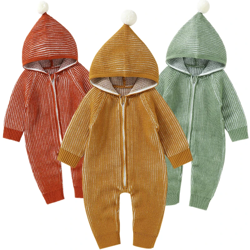 

0-3Y Baby Rompers Newborn Casual Hooded Long Sleeve Jumpsuits Outfits One Pieces Autumn Winter Toddler Infant Knit Zip Overalls