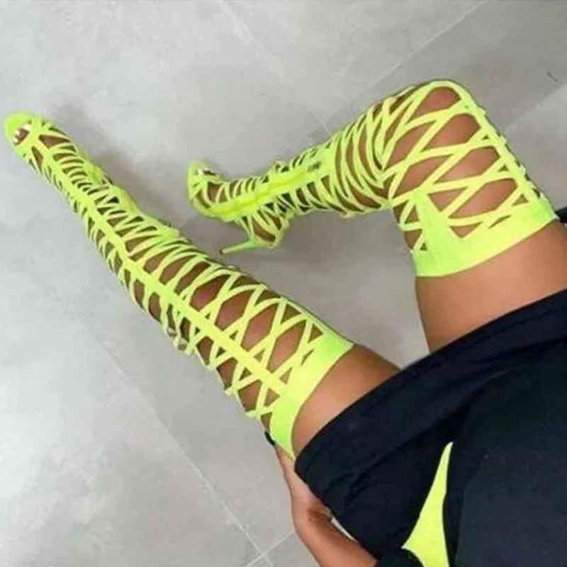

Fluorescent Yellow Hollow Over The Knee Boots Women Peep Toe Cut-out Waist Tight High Sandals Boots Ladies Runway