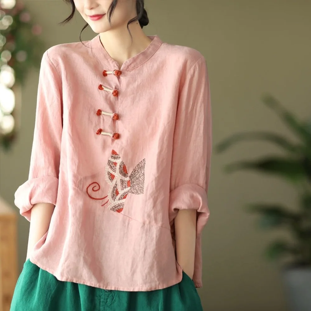 Women Chinese Style Shirt 3XL Traditional Linen Embroidery Tops Retro Loose Hanfu Blouse women chinese shirt women satin blouse