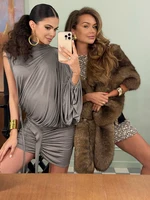 Casey One shoulder Shirring Ruched Peach Hip Skirt Set 1