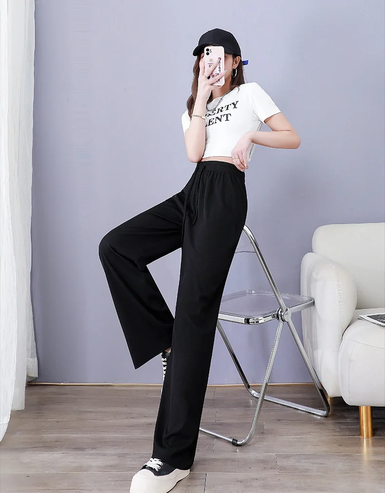 Women Pants Spring Summer Ice Silk Wide Leg Pants 2023 High Waist Loose Straight Casual Pant Female Outdoor Black Trousers