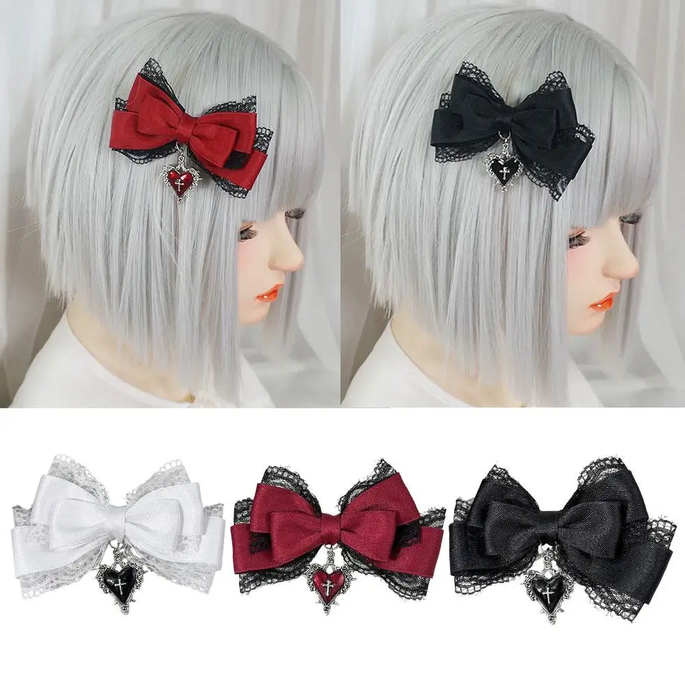 Gothic Lolita Style Girl Hair Clip Lace Bow Hair Clip Barrettes Y2k Gothic Cross Ribbon Bow Hairpins Sweet Cool Hair Accessories