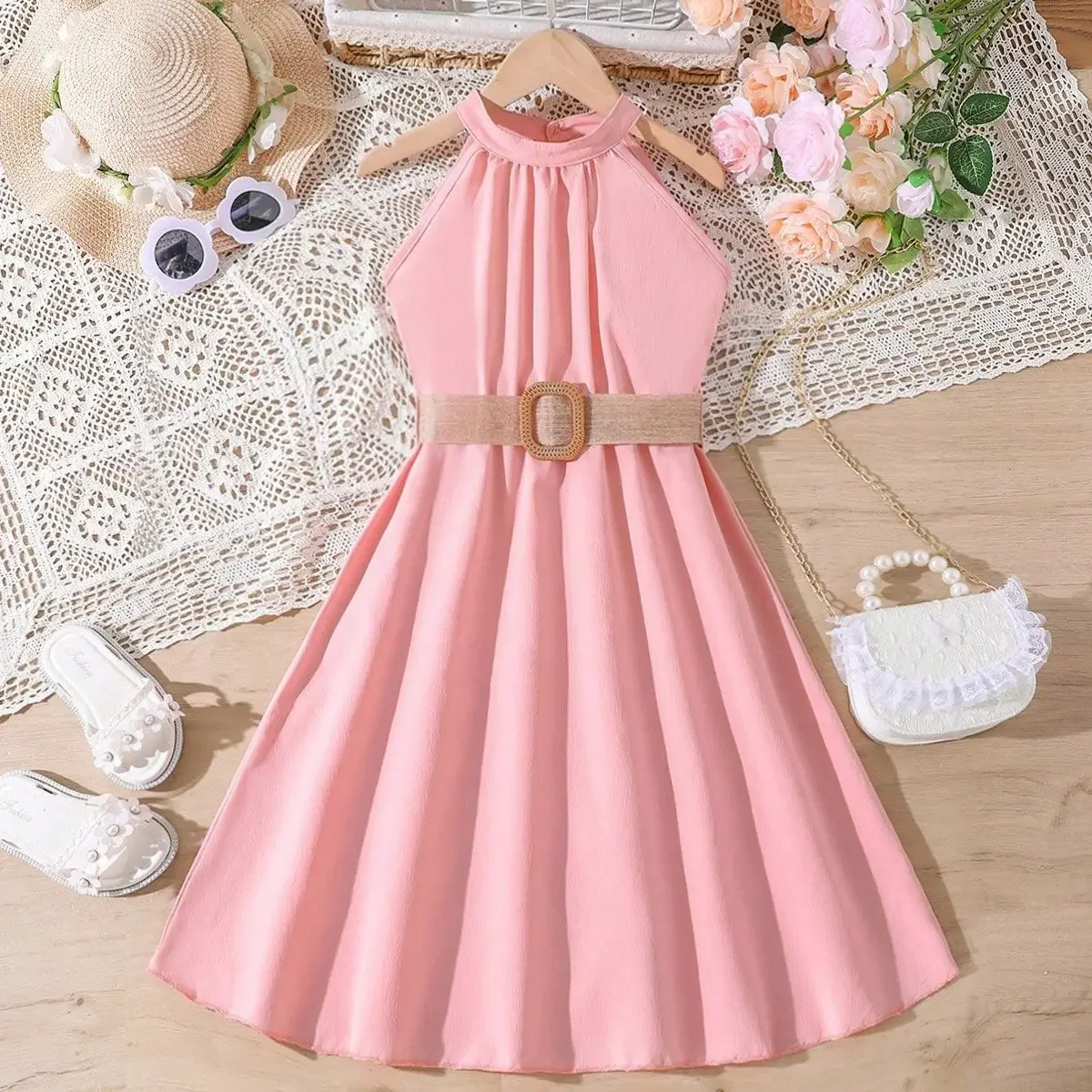 Ceeniu Girls' Sleeveless Halter Party Dress with Belt