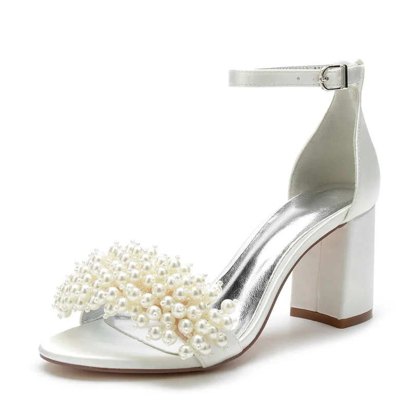 

Block Heel Wedding Sandal Shoes for Bride Pearls Women Bridal Chunky Heels Open Toe Buckle Evening Party Heeled Sandals