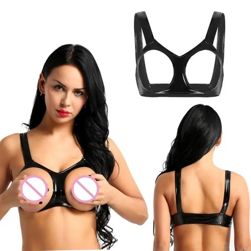 N5KB Glossy Open Cup Bras Pu Leather Bra Tops Hollow Out Breast Female Underwear