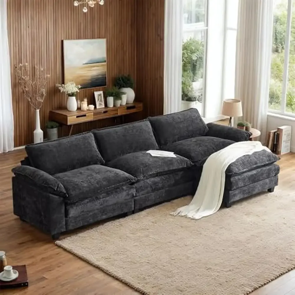 120" L-Shaped Convertible Sectional Sofa Set with Ottoman Modern Chenille 3-Seat Couch Living Room Oversized Plush Comfort