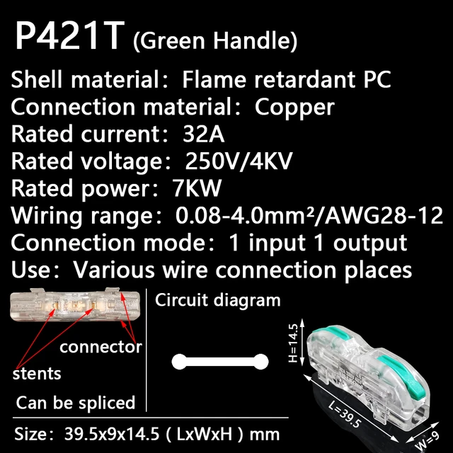 Mini Fast Wire Cable Connectors Universal Compact Conductor Spring Splicing Wiring Connector Push-in Terminal Block P421 F12 P421 T (GN Handle)