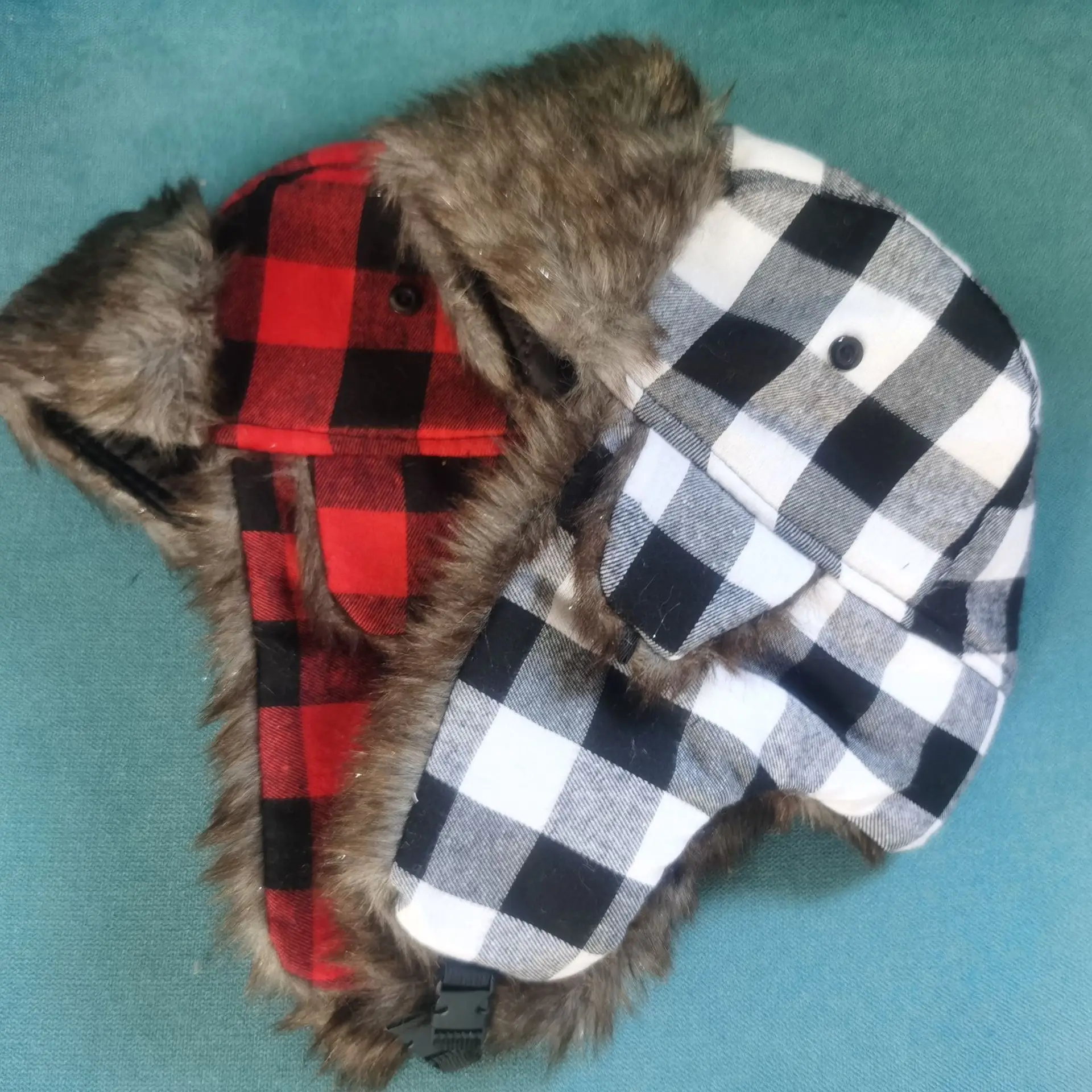 Winter Plaid Aviator Trapper Hat Fleeced Fur Faux Trooper Ear Flap Bomber Skiing Cap