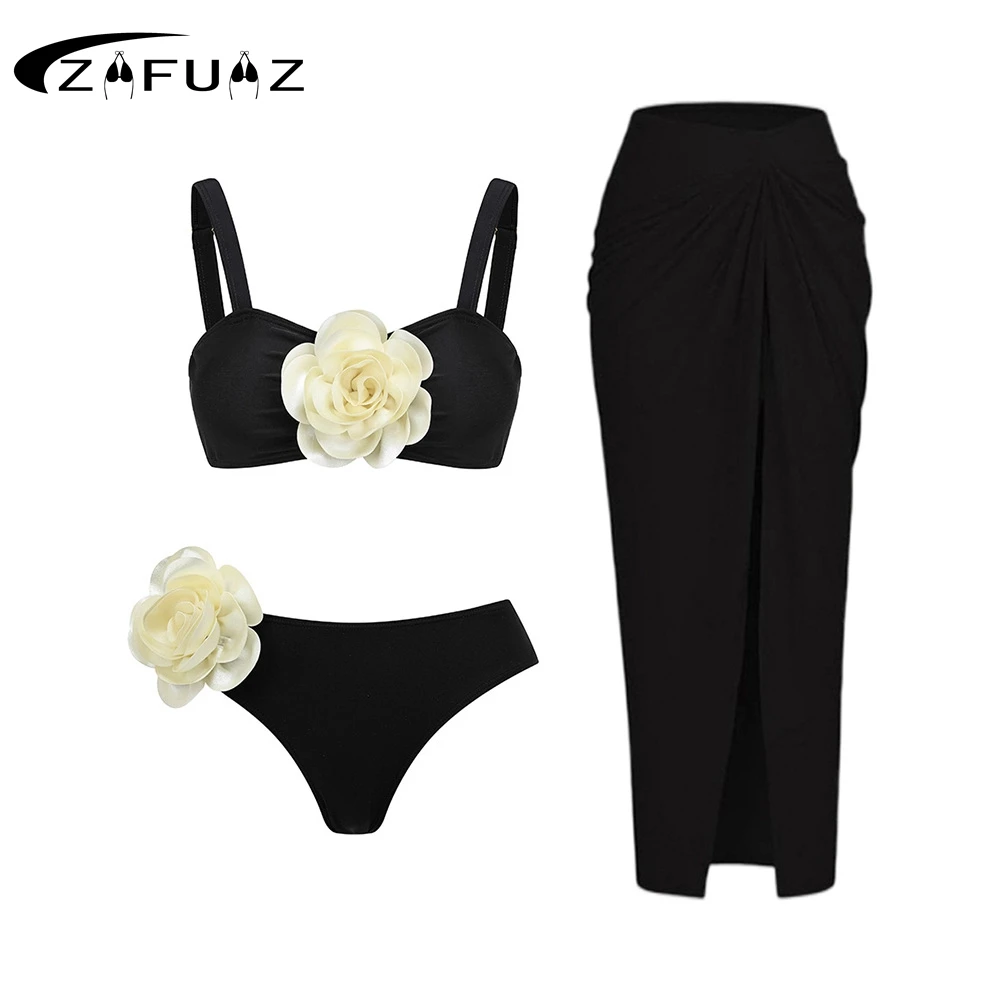 ZAFUAZ 3D Flower Bikini Swimwear 2024 Sexy Swimsuit Skirt Women Bikinis Set Biquini Monokini Swimming Suit Beach Bathing Suit