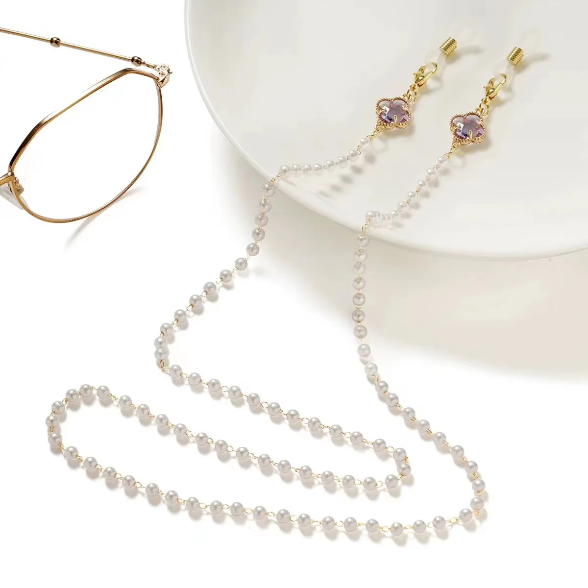 Pearl Beads Clover Flower Link Chain Eyeglasses Face Mask