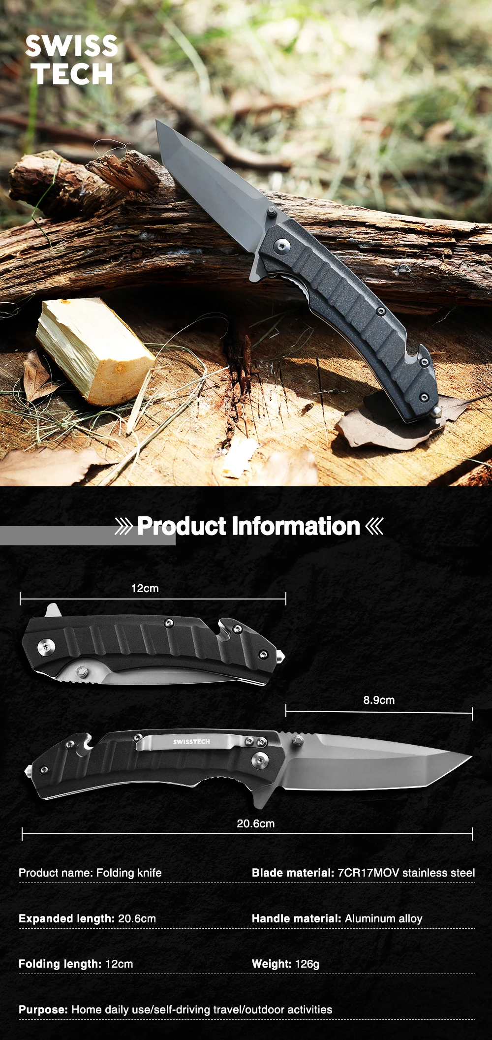 Description Picture 3 of itemSWISS TECH Folding Pocket Knife Outdoor Survival Tactical Knife Camping Hiking Hunting Knives for Self-Defense
