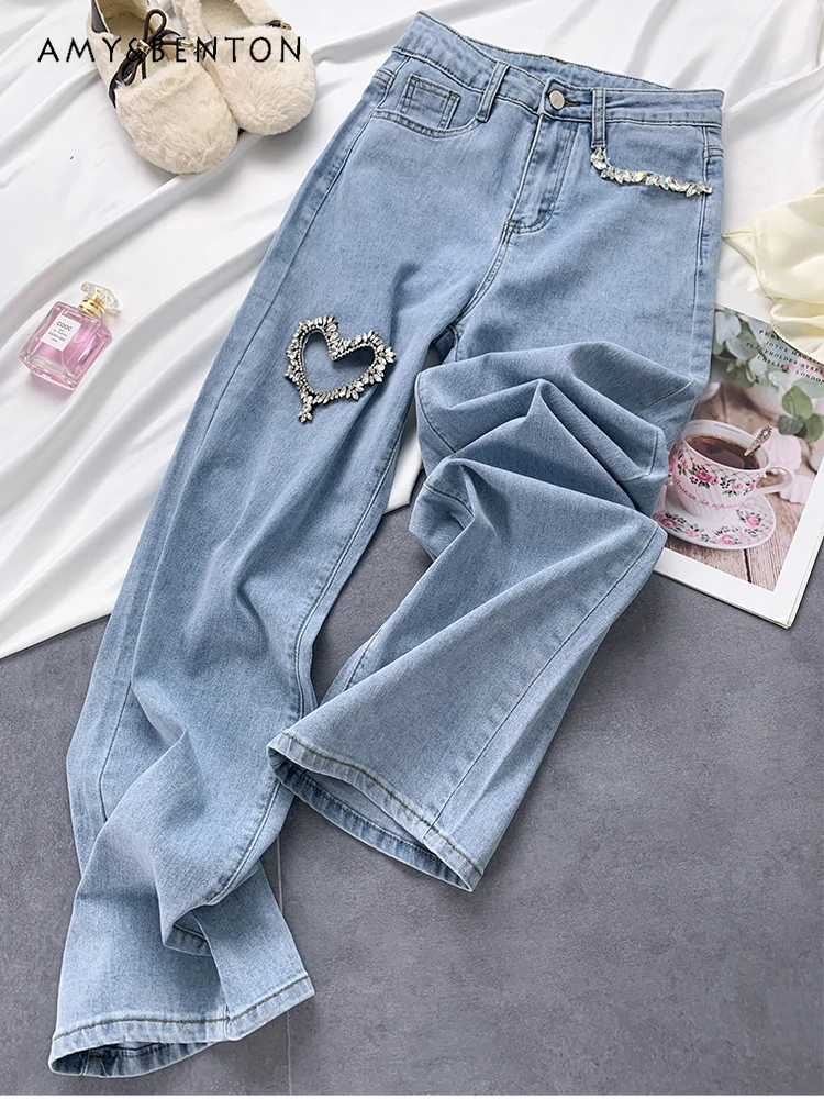 High Street Spring Autumn Loose Slimming Straight High Waist Jeans Wide Leg Pants Women Heart Shape Diamond Denim Baggy Trousers