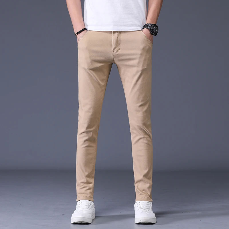 Spring Summer Mens Casual Straight Pants 98% Cotton Solid Color Stretch Slim Fit Work Pants All-match Fashion Mens Trousers
