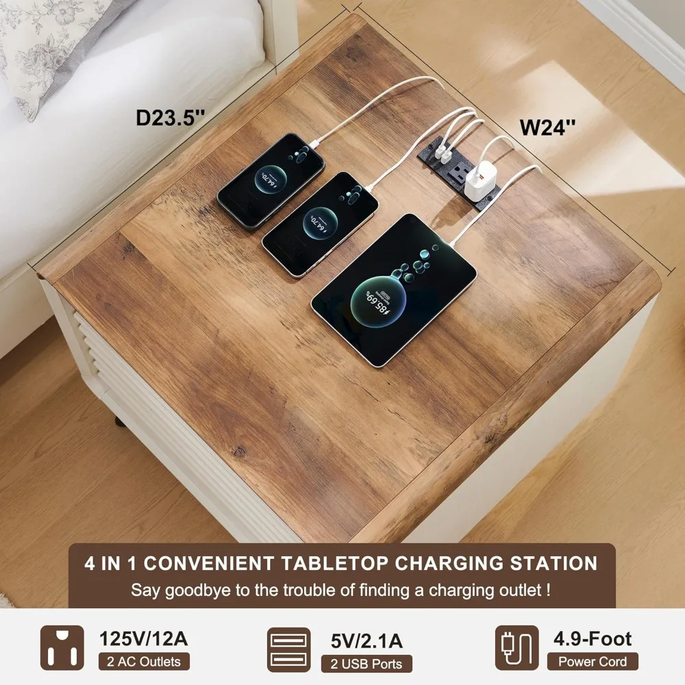 24" Nightstand Set of 2 with Charger Station, Mid Century Modern Fluted End Table with 2 Drawers，Wooden Side Table with Open