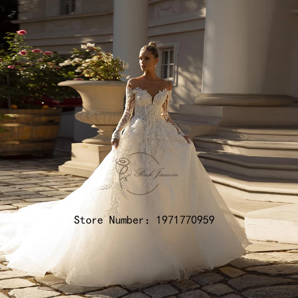 

Luxury Wedding Dress For Princess Embroidered Lace On Net Ball Gown Elegant O-neck Sleeveless Bride Dress Lace Up Vestido De
