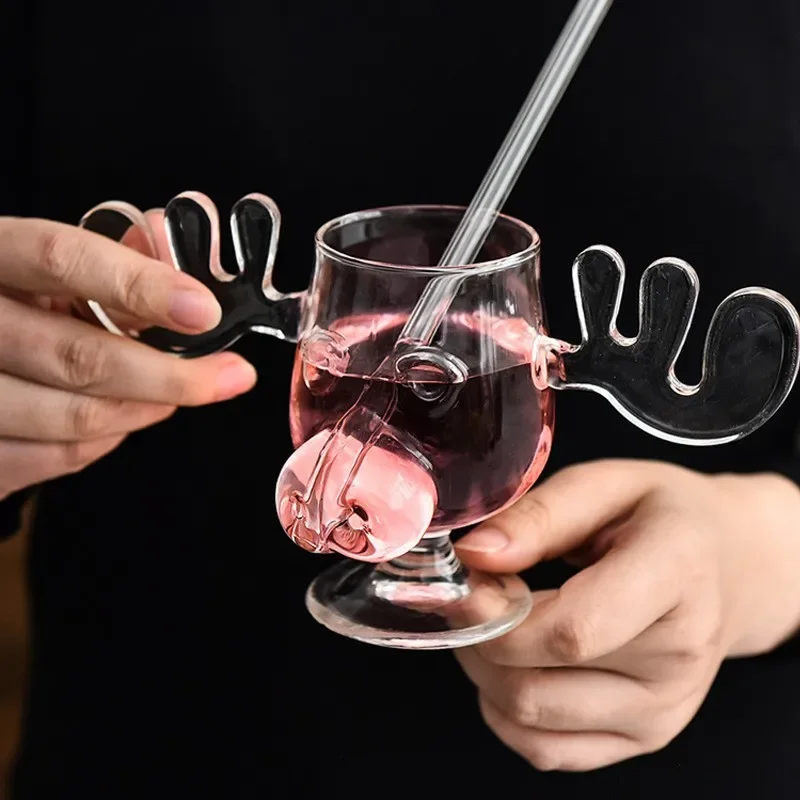 Creative Deer Horn Glass Cup High Borosilicate Reindeer Pig Nose Mug Whiskey Wine Glass Milk Coffee Cups Christmas Gift