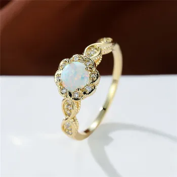 Female Cute Flower Engagement Rose Gold Color Wedding Ring White Opal Round Stone Jewelry For Women