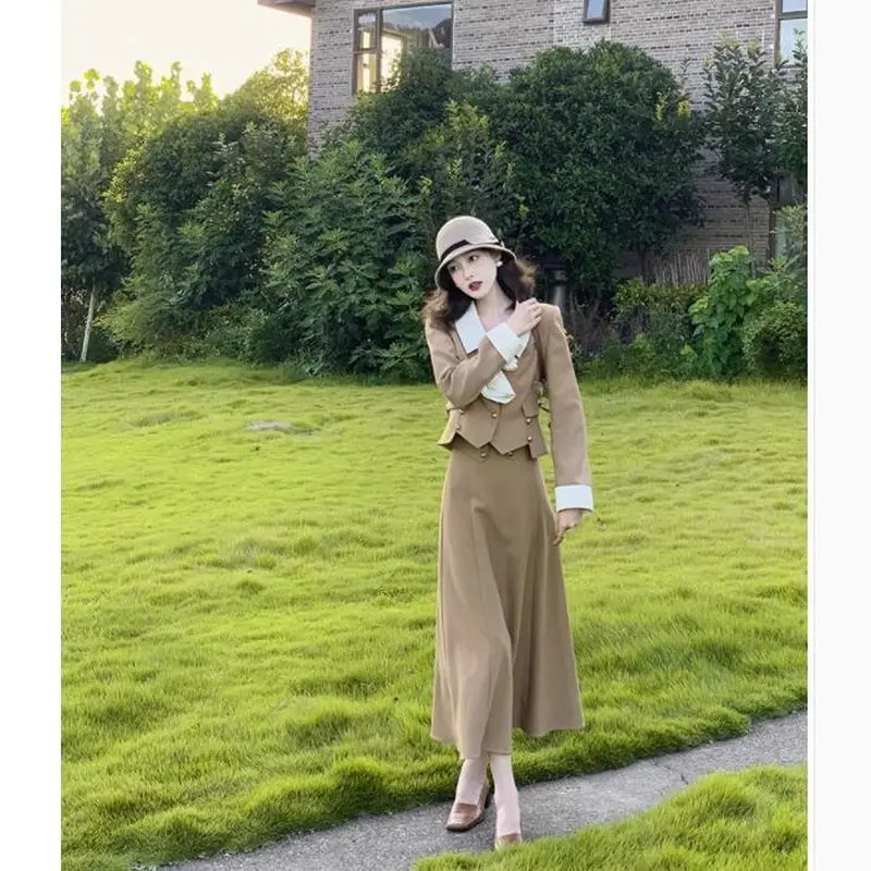 Lnsozkdg 우아한 긴팔 블레이저 활 탑 + 캐주얼 A라인 미디 스커트, 단색 레이디 의류, 프렌치 가을 2 종 세트, 2024 용수철