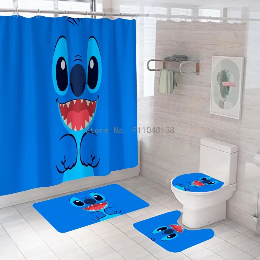 Disney 3D Lilo & Stitch Waterproof Bathroom Shower Curtain in the Bathroom with Hook Set Soft Bath Mat Toilet Carpet Rugs
