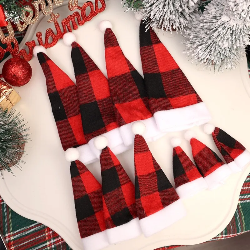 3 Sizes Christmas Wine Bottle Cover Cap Red Santa Hat Fork Knife Spoon Holders Cover Xmas Tree Pockets Party Dinner Table Decor