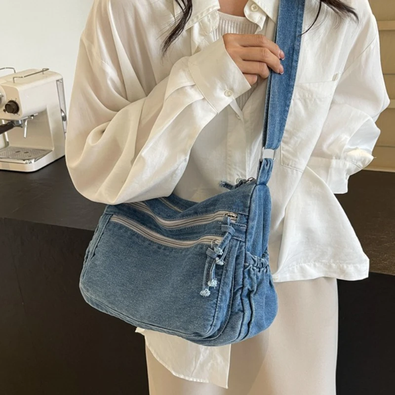 Vintage Denim Women's Shoulder Bag Large Capacity Messenger Bag Multi-pockets Satchel Bags Adjustable Strap Ladies Crossbody Bag