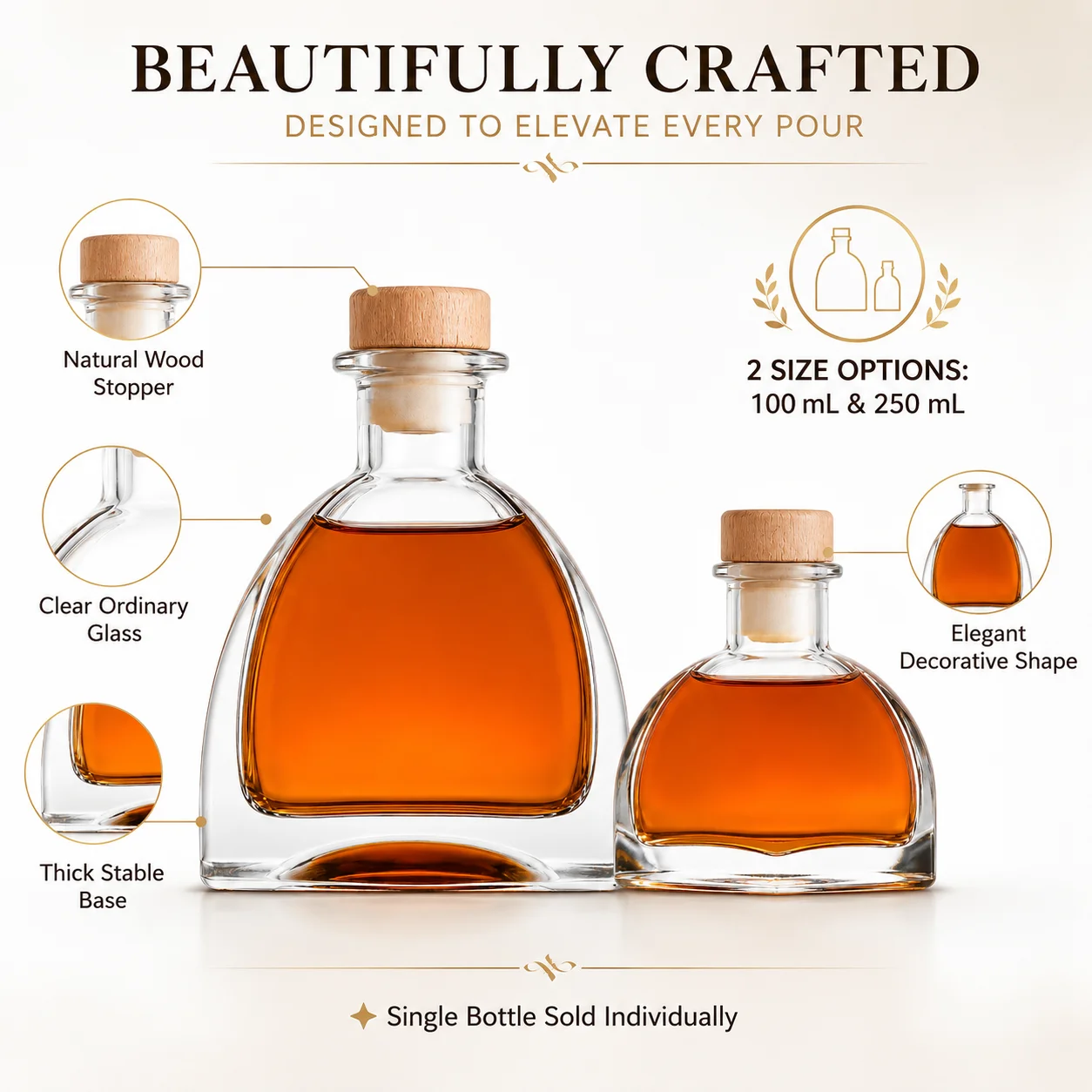 유리 위스키 디캔터 (나무 마개 포함), 100ml/250ml 버번 및 스피릿용 장 주류병