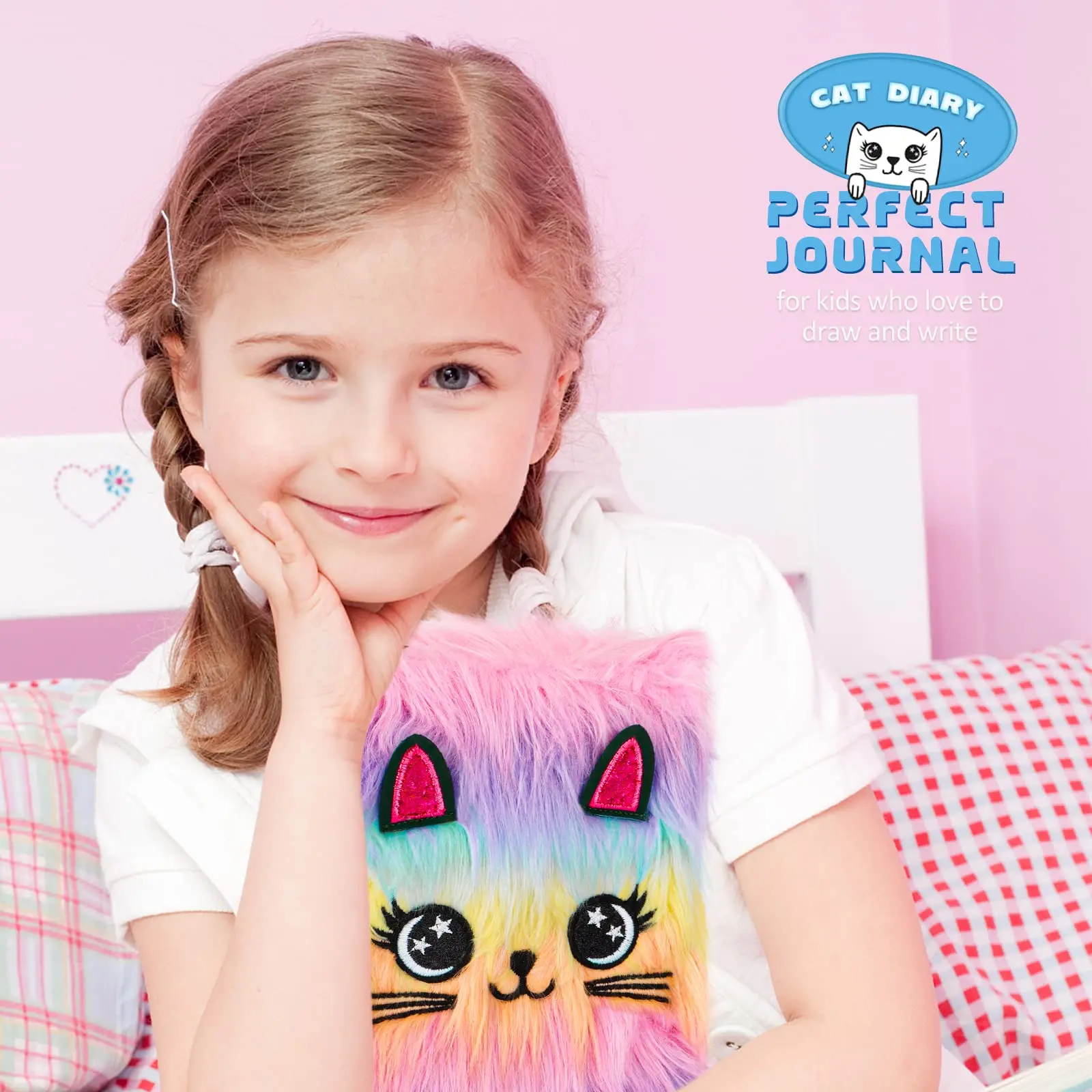 Cute Cat Diary with Lock and Keys for Girls Plush Secret Journal for Kids with 160 Lined Pages Hardcover Fluffy Locking Notebook 6