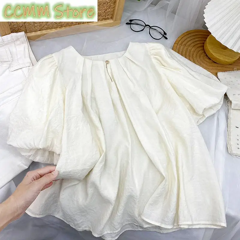 Женская винтажная блузка с пышными рукавами, однотонная Повседневная блузка большого размера с круглым вырезом, со складками, в Корейском стиле