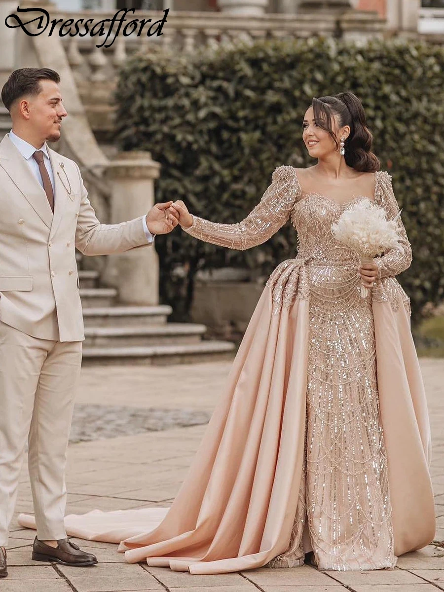 

Champagne Sweetheart Sequined Beading Crystal Dubai A-Line Evening Dress Detachable Train Long Sleeve Formal Party Wear Gown