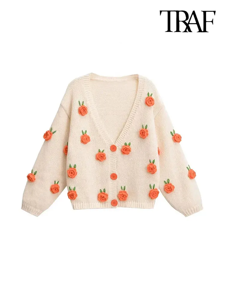 

TRAF-Women's Floral Appliques Knit Cardigan Sweater, Long Sleeve, Front Button, Female Outerwear, Chic Tops, Fashion