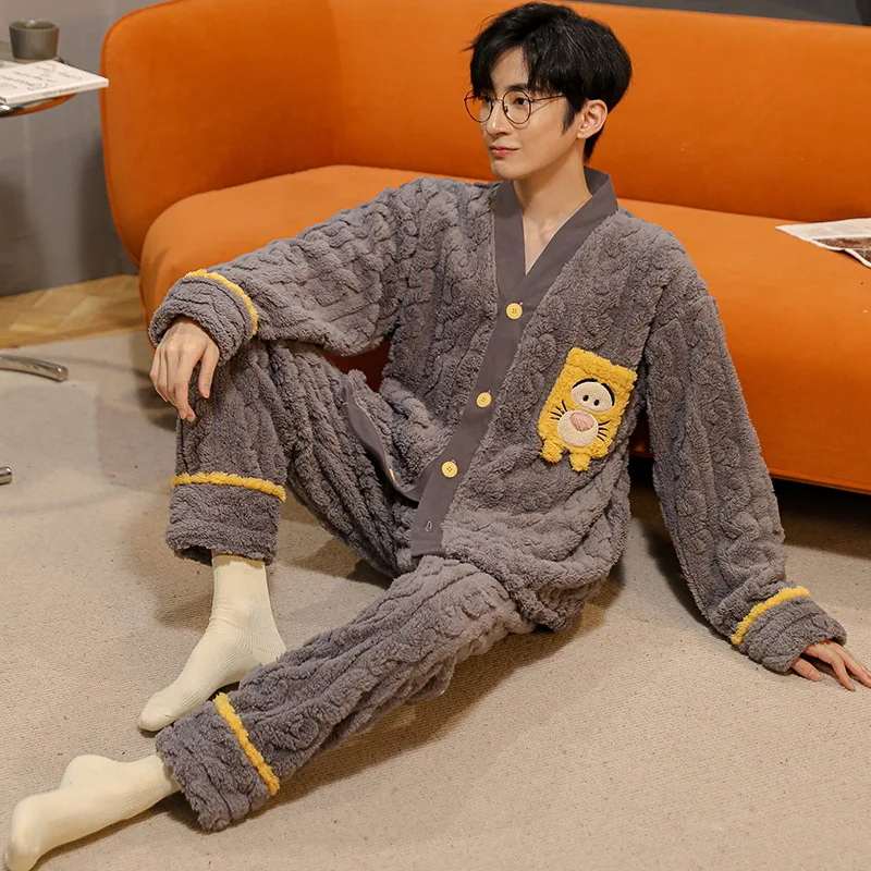 Winter Men's Flannel Pajamas Set V-neck Coral Velvet Cardigan Plush Thickened Warm Home Clothing Loose Casual Sleepwear