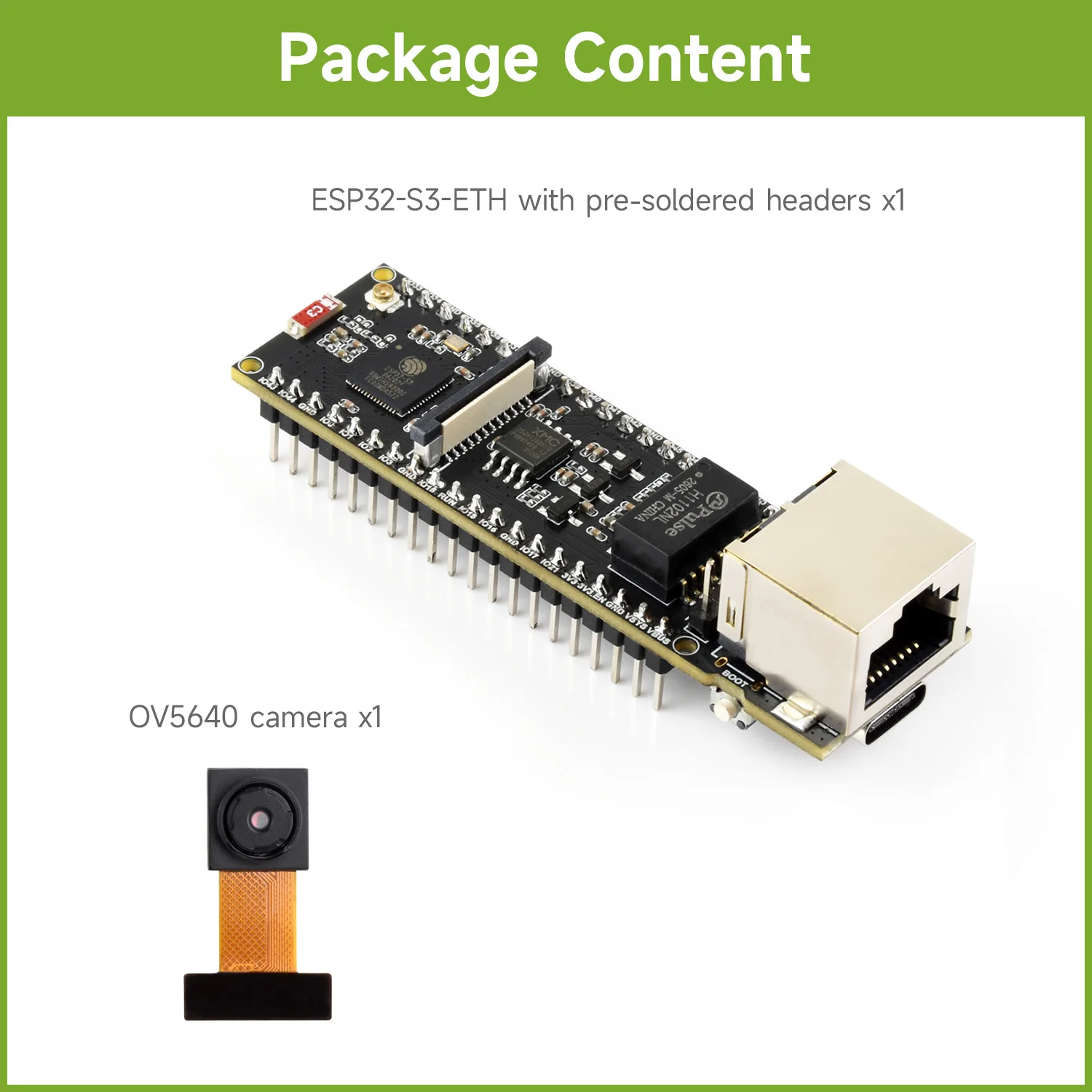 ตัวเลือกสินค้า บอร์ดพัฒนา Waveshare ESP32-S3 ETH, ตัวเลือกเสริมสำหรับโมดูล PoE และโมดูลกล้อง, ช่องใส่การ์ด TF ในตัว, อินเทอร์เฟซกล้อง