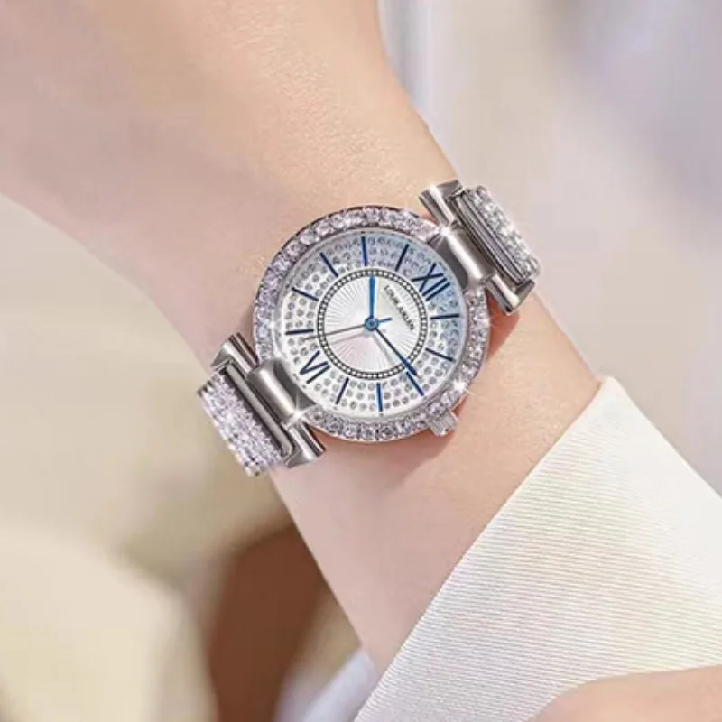 Luxury Women Watch Sky Star Set with Diamond Shells Blue Dots Printed on White Face Diamond-set Steel Strip Women Quartz Watch