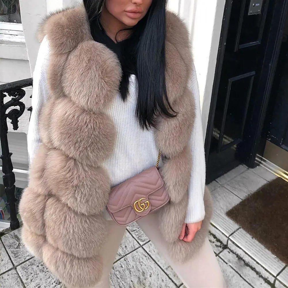 QUEENTINA Winter New Women's Natural Fox Fur Coat Brown Vest Square Pattern Handcrafted Products Sleeveless Real Fox Fur Vest