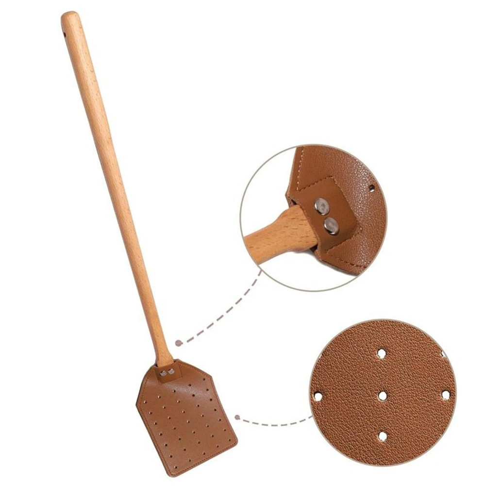 1PCS Portable PU Leather Fly Swatter Handheld Manual Mosquito Swatter With Wooden Long Handle For Home Indoor Outdoor Garden